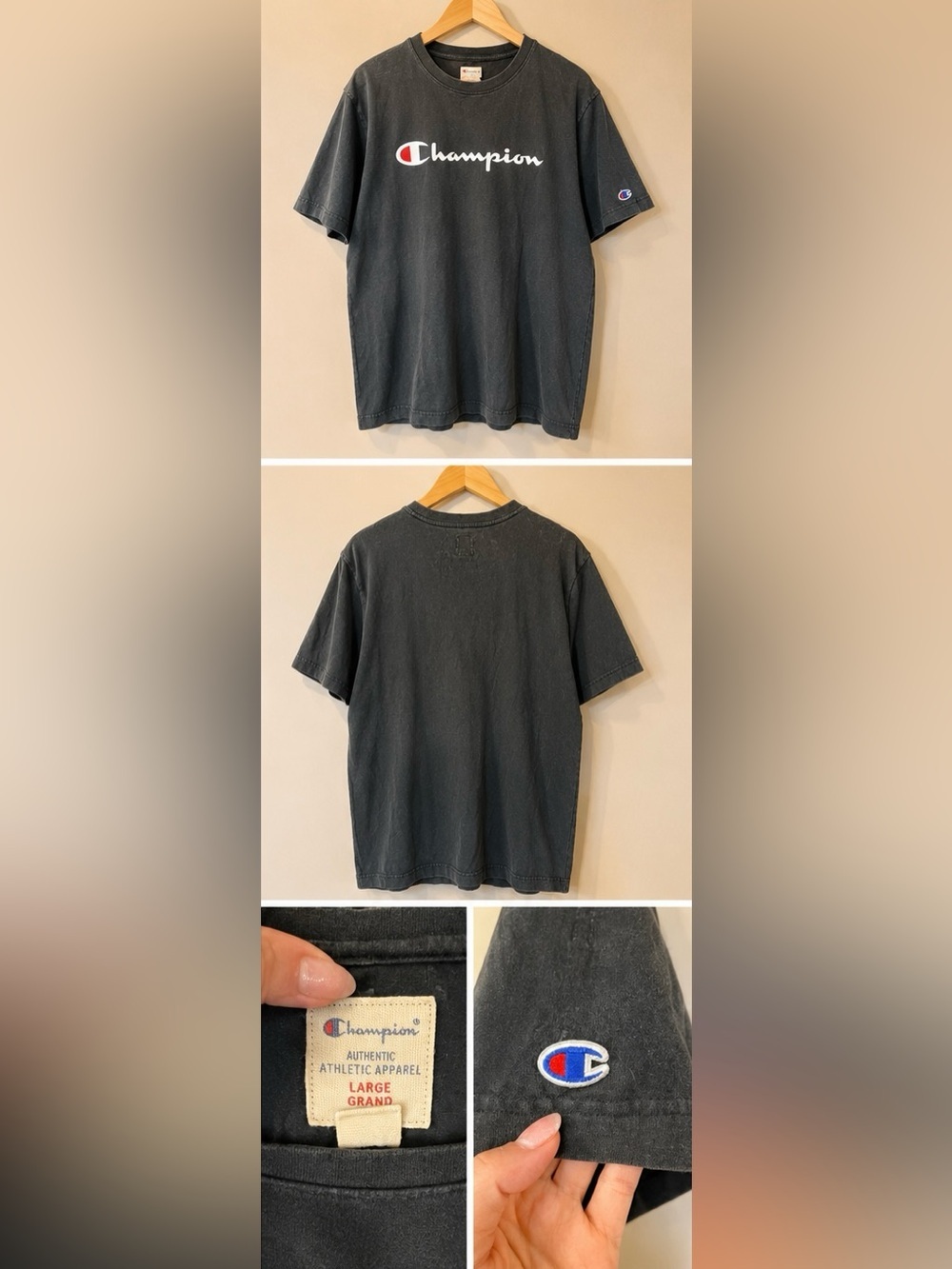 Champion Script Logo T-Shirt Men’s Large Black Vintage Wash Graphic Tee - Picture 2 of 6